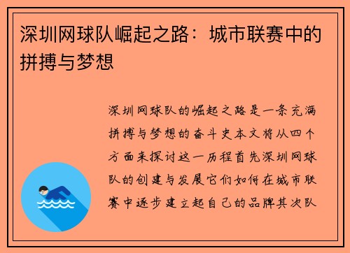 深圳网球队崛起之路：城市联赛中的拼搏与梦想